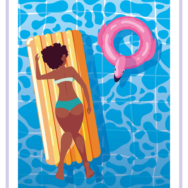 mujer afro bronceado en flotador en la piscina
 - Vector, Imagen