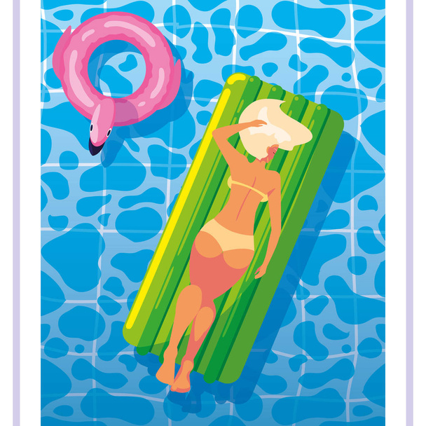 mulher bronzeando-se em flutuar na piscina
 - Vetor, Imagem