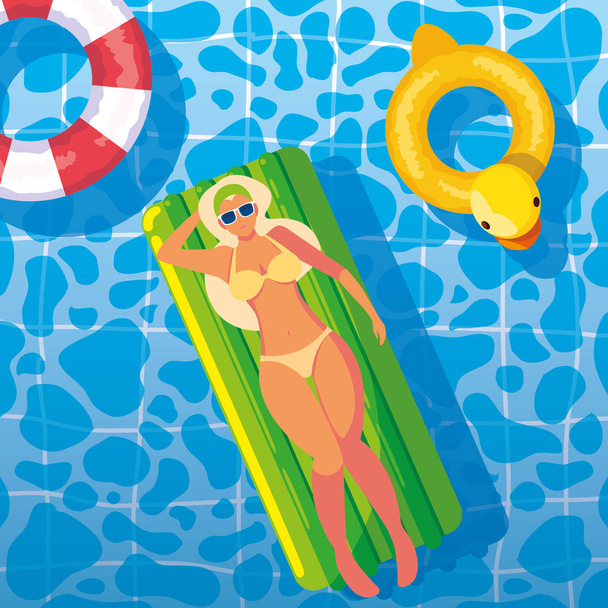 mujer bronceándose en flotador en la piscina
 - Vector, Imagen