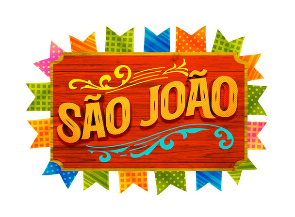 Festa Junina Illustration with Party Flags and  Background. Promotional stamp Brazil June Festival Design for Greeting Card or Holiday Poster. Festa de sao Joao. Festive Typographic - Photo, Image