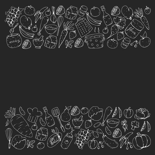 Healthy food and cooking. Fruits, vegetables, household. Doodle vector set. - Vektori, kuva