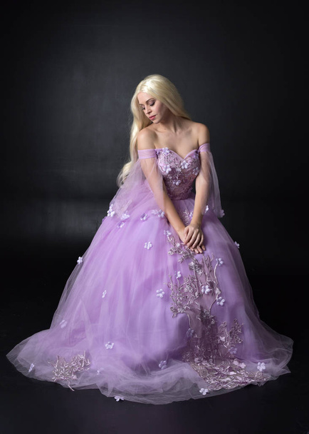 täyspitkä muotokuva blondi tyttö yllään fantasia keiju innoittamana puku, pitkä violetti pallo puku keiju siivet, istuu poseeraa tumma studio tausta
. - Valokuva, kuva