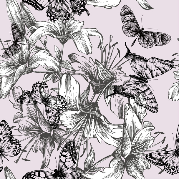 Seamless pattern with blooming lilies and black butterflies. Vec - Vector, afbeelding
