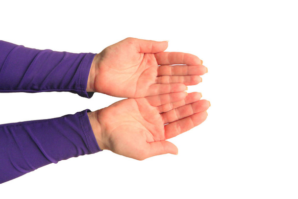 Hands of middle aged woman with palms up. Mockup on isolated BG - Photo, Image