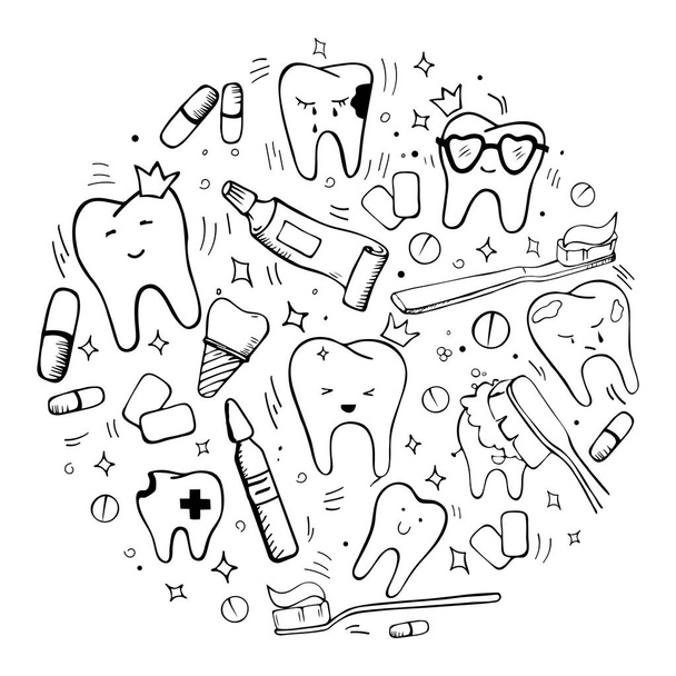 El çizilmiş diş ve Ortodontik vektör seti: diş braketler, implant, sağlıklı diş, sulama, diş fırçaları, hamur, ağız yıkama, interdental ve Ortodontik fırçalar, interspace, diş ipi. - Vektör, Görsel