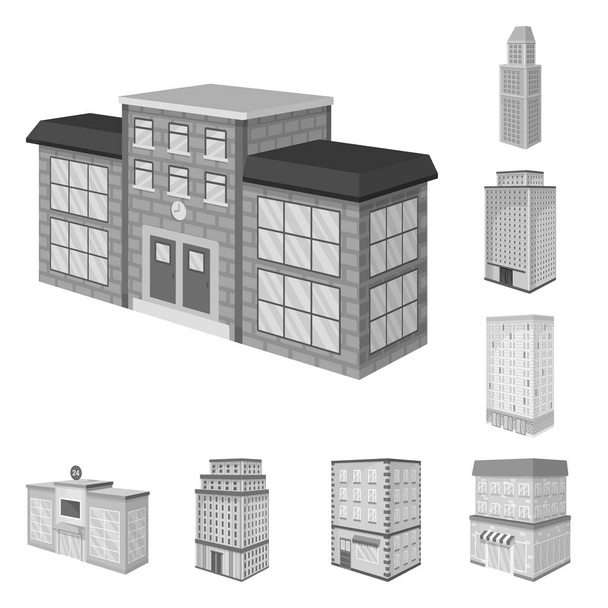 Vektorillustration der Realität und des modernen Symbols. Set von Immobilien- und Gebäudeaktienvektorillustration. - Vektor, Bild