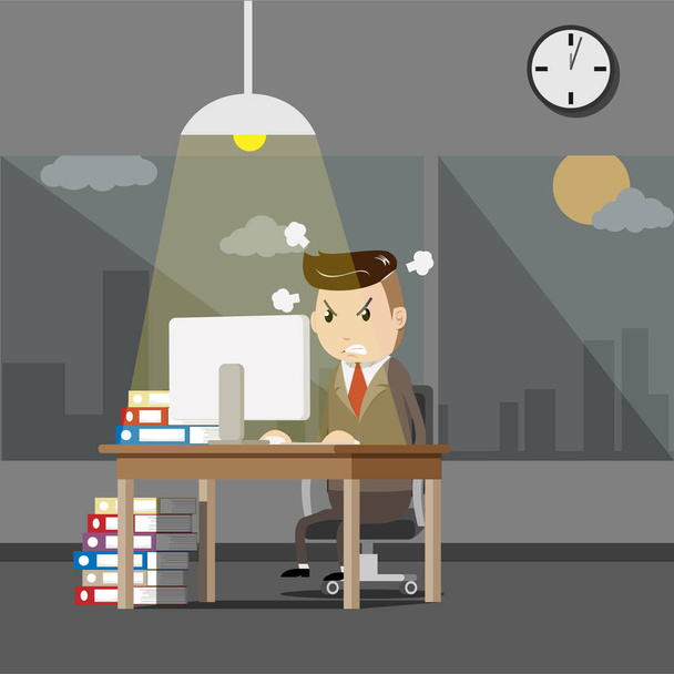 serious boss. senior businessman sitting at his desk with angry face. business man working at the office until night time with stress from overwork. overtime work - Vector, Image