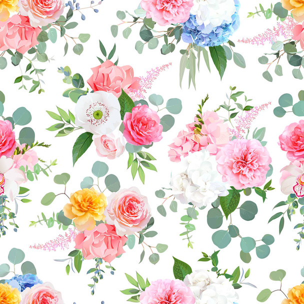 Vector seamless watercolor pattern with bouquets of peachy and yellow roses - Vektör, Görsel