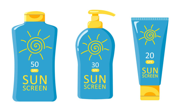 Botellas iconos con protector solar. Aislamientos vectoriales sobre fondo blanco
 - Vector, imagen