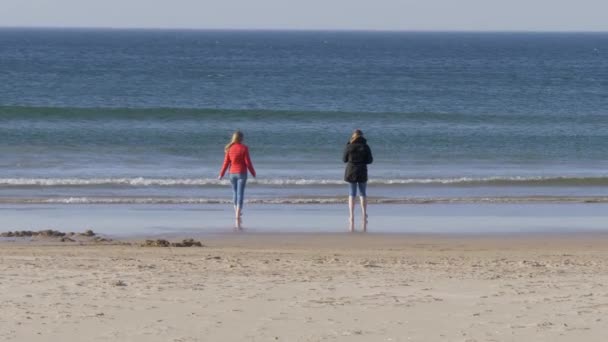 Δύο κορίτσια περπατούν κατά μήκος της αμμουδερής παραλίας στη Βόρεια Ιρλανδία μια κρύα μέρα το φθινόπωρο  - Πλάνα, βίντεο