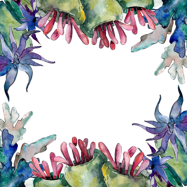 Purple and red aquatic nature coral reef. Watercolor background illustration set. Frame border ornament square. - Фото, зображення