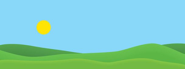 Realistyczna szeroka ilustracja zieleni zielonych wzgórz w letnim krajobrazie z błękitnym niebem z lśniącym słońcem. Nadaje się jako reklama wakowa lub turystyczna-wektor - Wektor, obraz