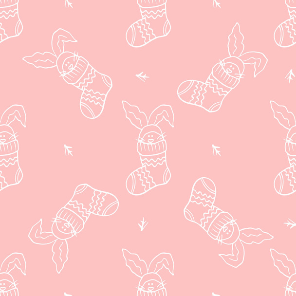 Çorap ve tavşan tavşan Dikişsiz desen, pembe renk arka plan üzerinde beyaz anahat, vektör - Vektör, Görsel