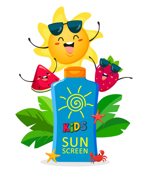 Sonnencreme für Kinder mit Früchten im Cartoon-Stil. Vektorillustration - Vektor, Bild