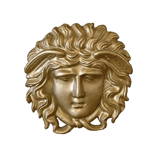 Χρυσή μάσκα της ελληνικής θεάς στο παλιό εσωτερικό του παλατιού. Στοιχείο σχεδίασης με διαδρομή αποκοπής - Φωτογραφία, εικόνα