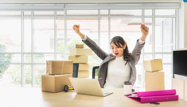 Business woman arms up with laptop and cardboard box - Foto, Bild