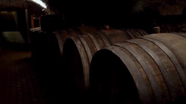 Víno sudy naskládaných ve starém sklepě ve vinařství - Záběry, video