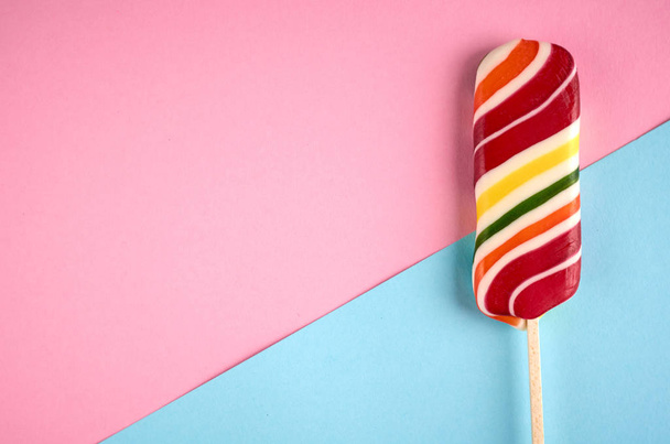 Home made sugar candy, sweet dessert on stick, flat lay - Photo, image