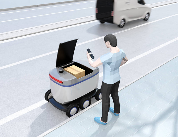 Niski człowiek stylu Wielokąt za pomocą smartfona, aby odblokować Self-Driving dostawy robota drzwi. Ostatnia koncepcja milowy. obraz renderujący 3D. - Zdjęcie, obraz