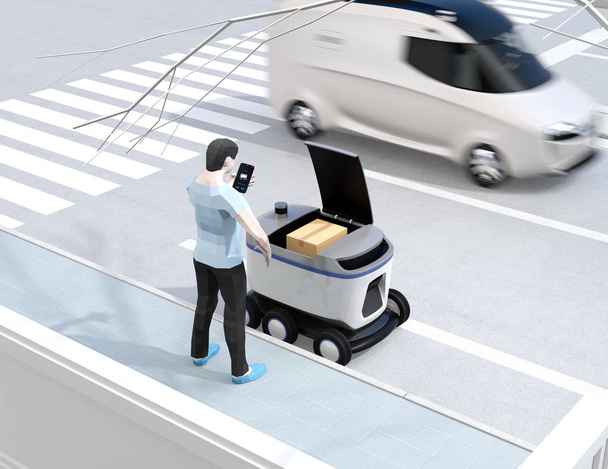 Lage veelhoek stijl man met behulp van smartphone te ontgrendelen Self-Driving Delivery robot deur. Laatste een mijl concept. 3D rendering beeld. - Foto, afbeelding