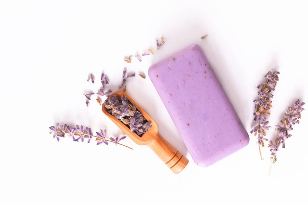 Handmade organic lavender soap with Dried organic lavender on wh - Photo, Image
