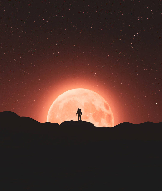 Astronaut on top of a mountain peak with big moon, 3d rendering
 - Фото, изображение
