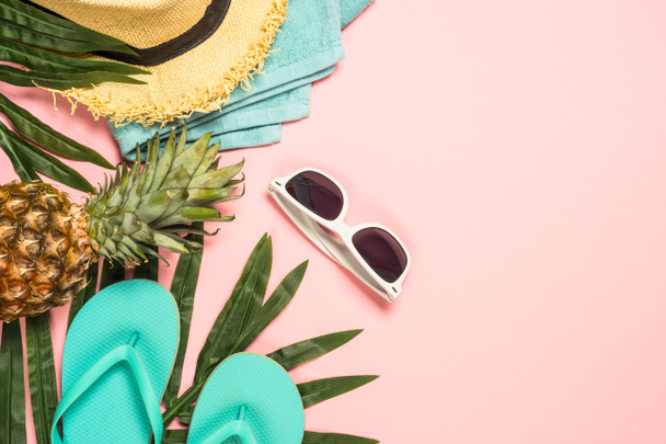 Summer flat lay background on pink. - Photo, Image