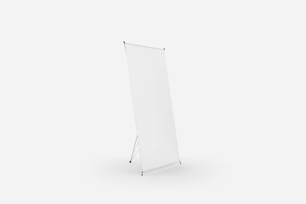 realistische leere Banner x-Stand Baum Anzeige isoliert auf weichem grauen Hintergrund. 3D-Darstellung. - Foto, Bild