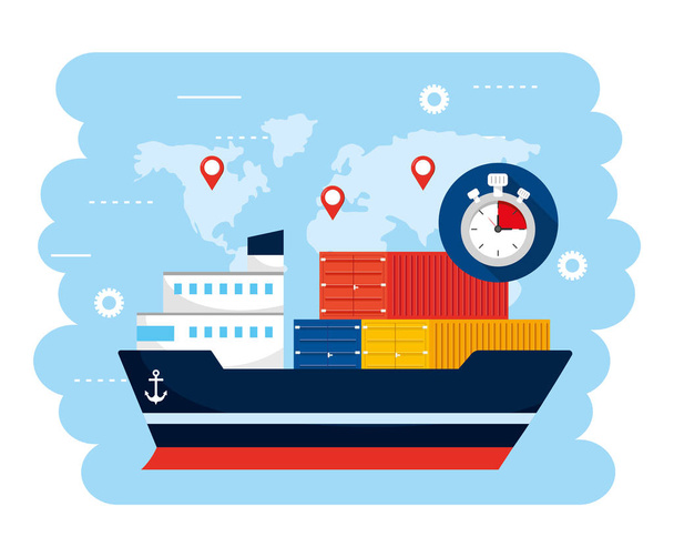 ship transport with contsiners and global map location - Vector, Image