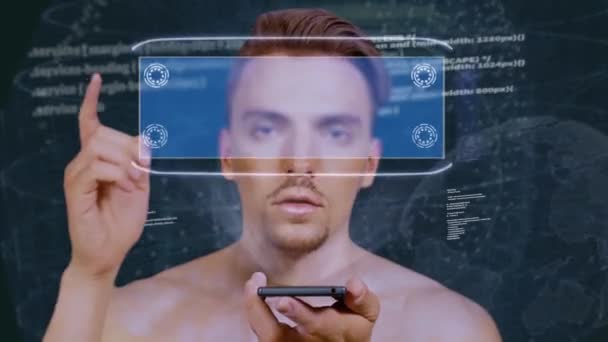 Guy pracuje s HUD hologramem pay za kliknutí - Záběry, video