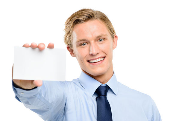 Confident young businessman holding placard isolated on white b - Фото, зображення