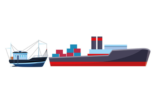 Frachtschiff mit Containerboxen und Fischerboot - Vektor, Bild
