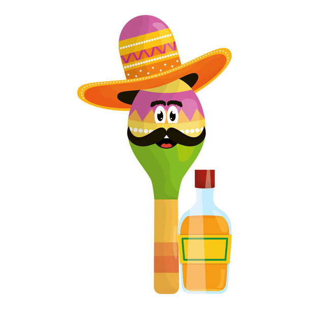 メキシコの帽子のキャラクターとテキーラボトルを持つマラカ - ベクター画像