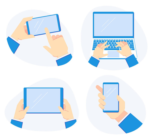 Holding devices in hand. Smartphone in hands, hold laptop computer and mobile tablet vector illustration set - Vector, Image