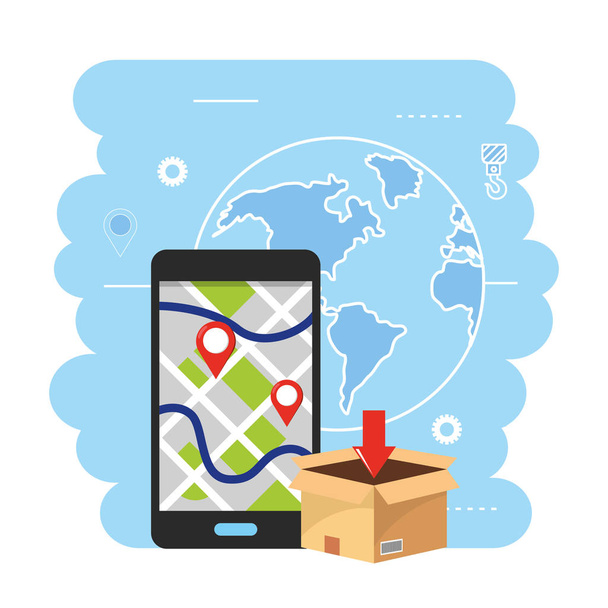 Paczka pudełka ze smartfonem lokalizacja mapy GPS - Wektor, obraz