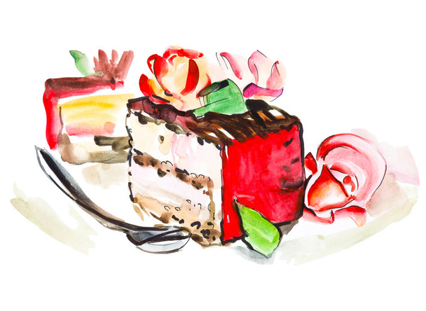 tranche d'aquarelle dessinée à la main de tarte crémeuse avec des fleurs, illustration de gâteau isolé sur fond blanc
 - Photo, image