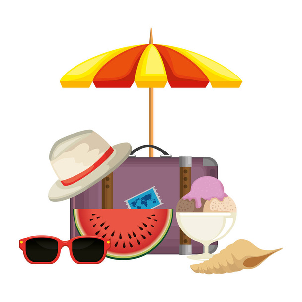suitcase travel with umbrella and summer hat - Vector, Image