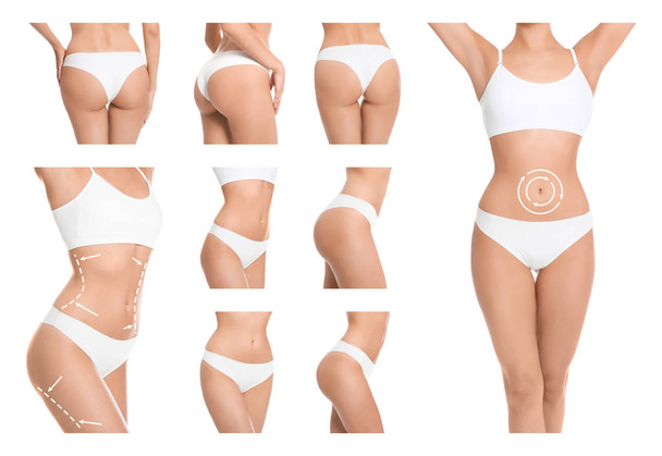 Set of attractive young woman with slim body in underwear on white background, closeup - Photo, Image