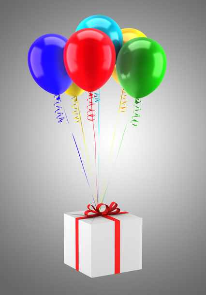 gift box with multicolored balloons isolated on gray background - Zdjęcie, obraz