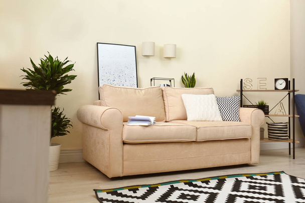 Interiér obývacího pokoje s pohovkou a stylovým vybavením - Fotografie, Obrázek