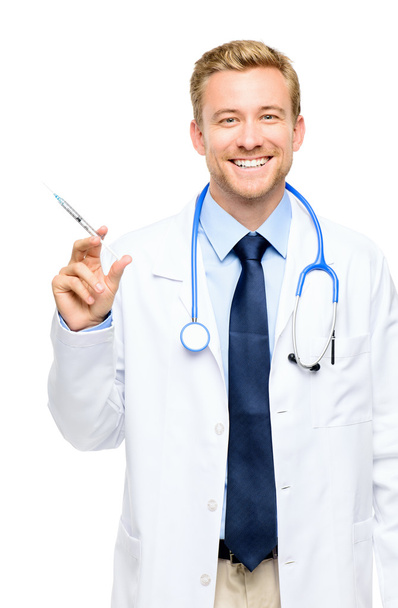 Happy young doctor holding syringe on white background - Photo, image