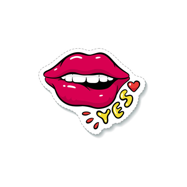 Стикер женских сексуальных губ в красной помаде и рот с белым титом
. - Вектор,изображение