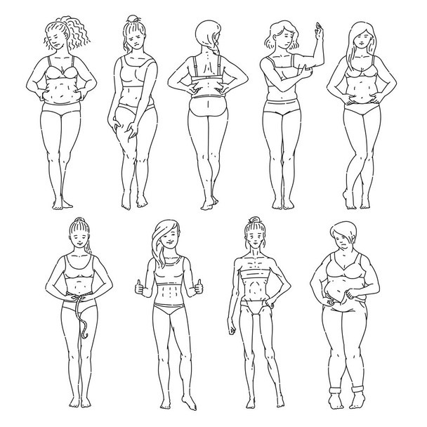 Γυναίκες ή κορίτσια από διάφορα σχήμα σώματος και βάρος σκίτσο εικόνα διάνυσμα απομονωμένη. - Διάνυσμα, εικόνα