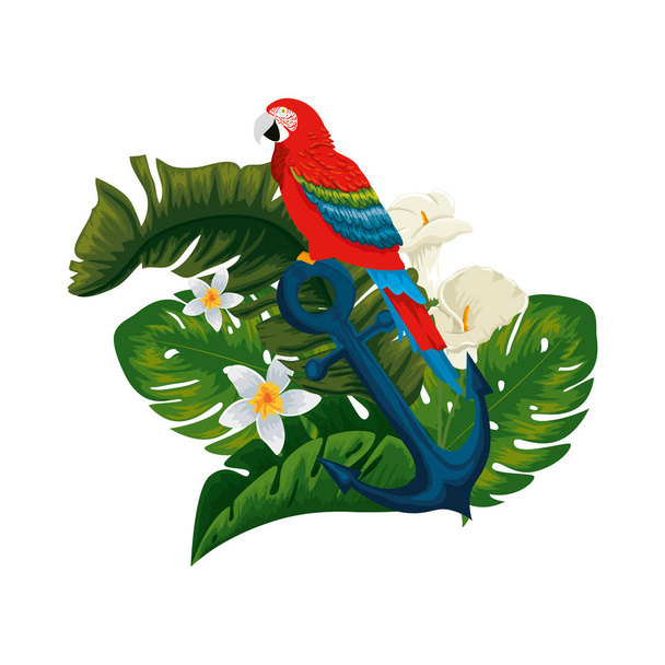 tropical and exotic parrot in anchor with floral decoration - Vector, Image
