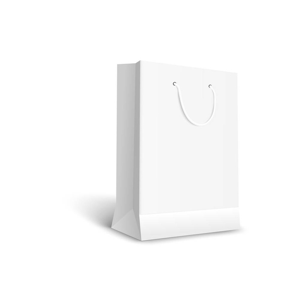 Bolso de papel realista blanco con asa, paquete de tienda minorista vacío
 - Vector, imagen
