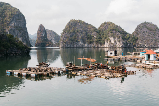 Pueblo pesquero flotante e isla de roca, Bahía de Halong, Vietnam, Sudeste Asiático. UNESCO Patrimonio de la Humanidad. Crucero en bote basura a Ha Long Bay. Monumento popular, famoso destino de Vietnam
 - Foto, imagen