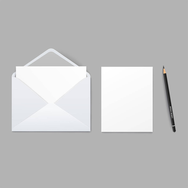 Mockup of white envelope and blank sheet of paper and pencil realistic style - Vektor, kép