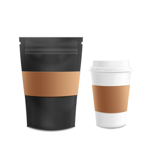 Mockup set of standing blank black zip bag and white plastic cup realistic style - Vector, imagen