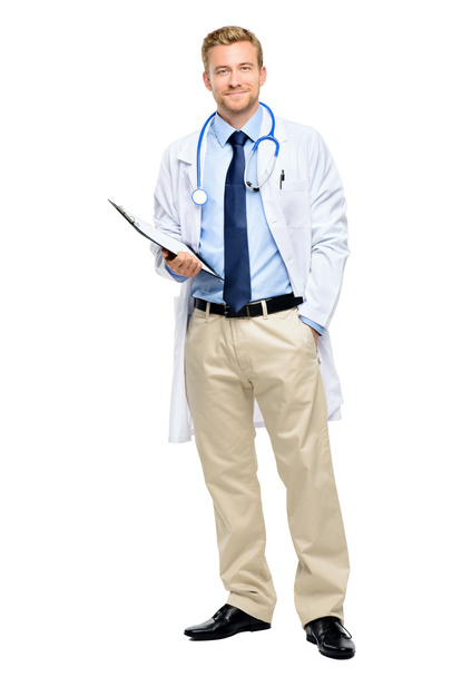 Lunghezza completa del giovane medico fiducioso su sfondo bianco
 - Foto, immagini