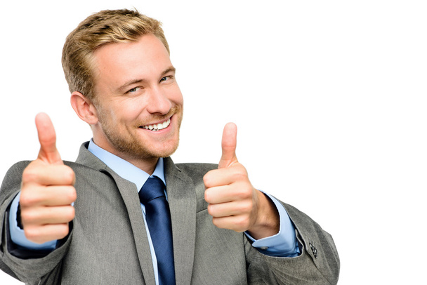 Happy businessman thumbs up sign on white background - Φωτογραφία, εικόνα